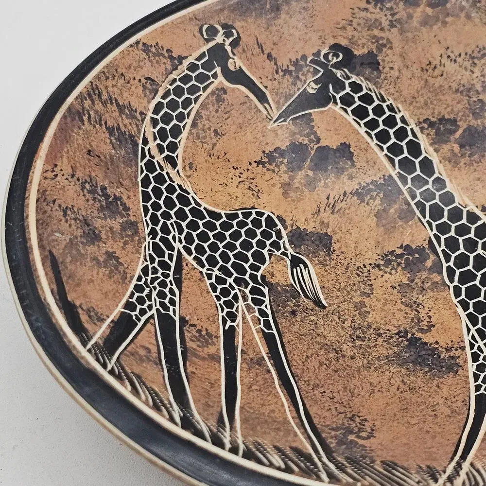 Kisii Soapstone Bowl Kenya Hand Carved Giraffes African Wildlife Savanna Scene